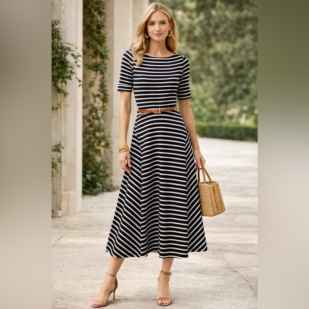 Lauren Ralph Lauren Striped Midi Dress Fit Flare Black White Quiet Luxury - Picture 9 of 9